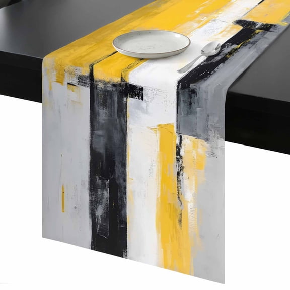 Abstract Mottled Table Runner 13x72 Inch Retro Yellow Gary Stitching Table Runner Non-Slip Dresser Scarves for Holiday Decorations, Party, Dinner and Gatherings, 1 Pack