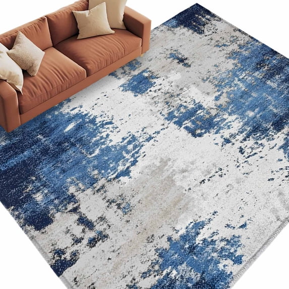 Abstract Mottled Texture Area Rug 8x10ft Vintage Gary Blue Gradient Non-Slip Washable Square Rugs Soft Felt Indoor Floor Mat for Bedroom Kitchen Living Room Bathroom