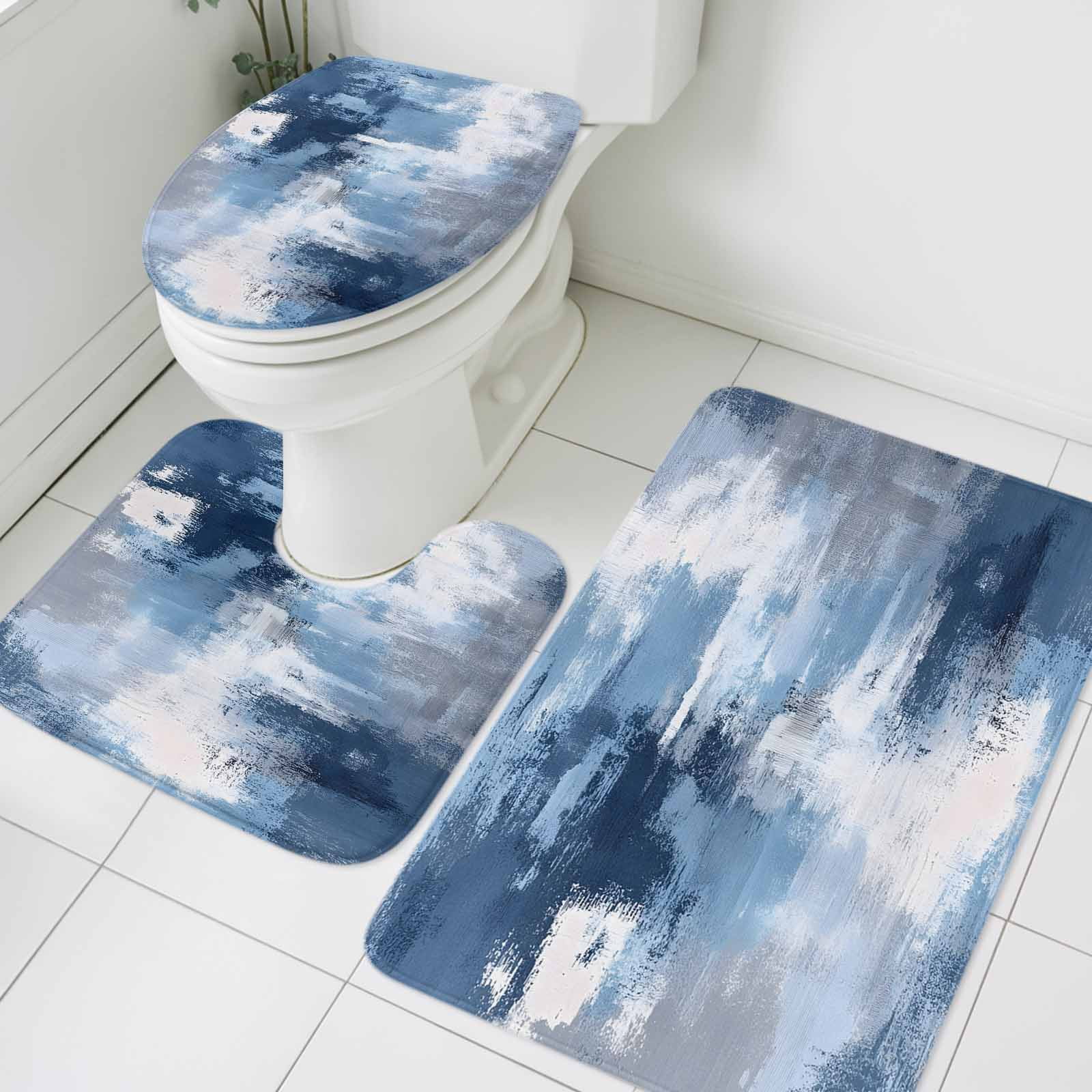 Abstract Mottled Texture Bathroom Rugs Set Blue White Oil Painting Non ...