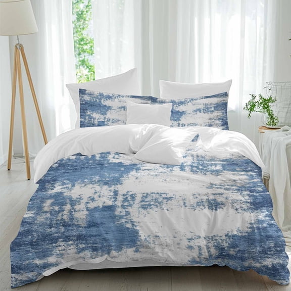 Abstract Mottled Texture Duvet Cover Set Queen Size, Gary Blue Stitching 4 Piece Soft Microfiber Bedding Set with 1 Duvet Cover, 1 Flat Sheet, 2 Pillowcases