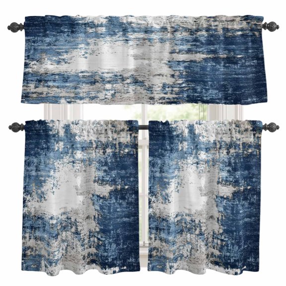 Abstract Mottled Texture Kitchen Curtains Valances and Tiers Set of 3 Gray Blue Gradient Tier Curtains and Valance with Rod Pocket for Small Windows, 27.5"x24"