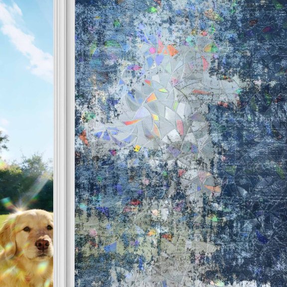 Abstract Mottled Texture Rainbow Window Privacy Film, Gray Blue Gradient Stained Glass Window Film, Sun Blocking Glass Clings Static Cling Non Adhesive Door Stickers 19.6 x 39.3 Inches