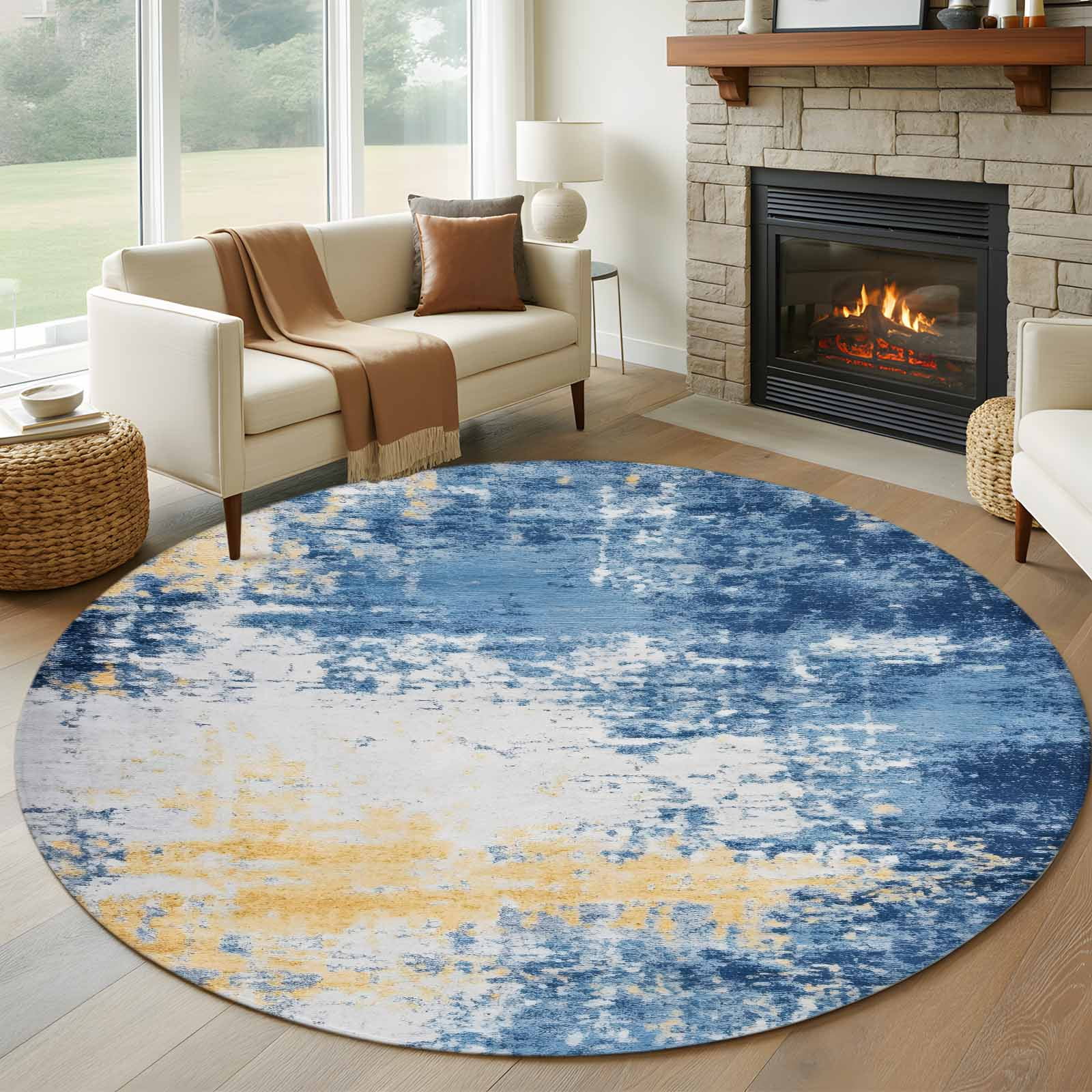 Muttled Rug Abstract Mottled Texture Round Rugs for Living Room 5ft Yellow Blue ...
