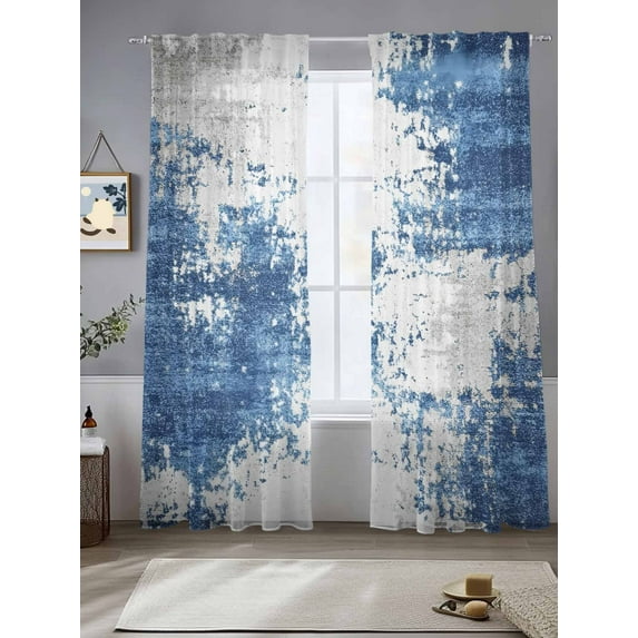 Abstract Mottled Texture Sheer Curtains 96 Inches Long 2 Panels Retro Gary Blue Gradient Light Filtering Semi Sheer Window Curtains Drapes for Bedroom Living Room 52"x96"