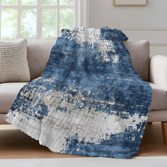 Abstract Mottled Texture Throw Blanket for Couch Blue Gary Stitching Soft and Warm Flannel 3D Striped Fluffy Fuzzy Fleece Blanket Lightweight Throw for Bed, Sofa 40 x 50 Inches