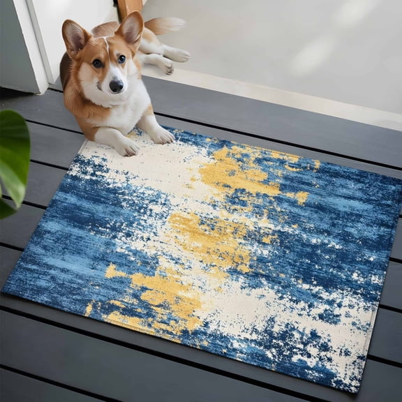 Abstract Mottled Texture Washable Area Rug 2x3 111 Retro Yellow Blue Painting Low-Profile Area Rugs with Non Slip Backing Indoor Floor Carpet for Entrance Living Room Bedroom Home Office