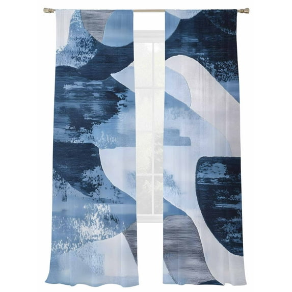 Abstract Mottled Theme Sheer Curtains for Living Room Bedroom, Light-filtering Sheer Curtain, Blue White Stitching Rod Pocket Voile Window Treatment Drapes, 52’’Wx108’’L, 2 Panels Set