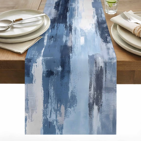 Abstract Mottled Theme Table Runner 13x108 inch Blue White Oil Painting Cotton Linen Dining Table Runner Ideal for Dresser Kitchen Coffee Tables - Machine Washable