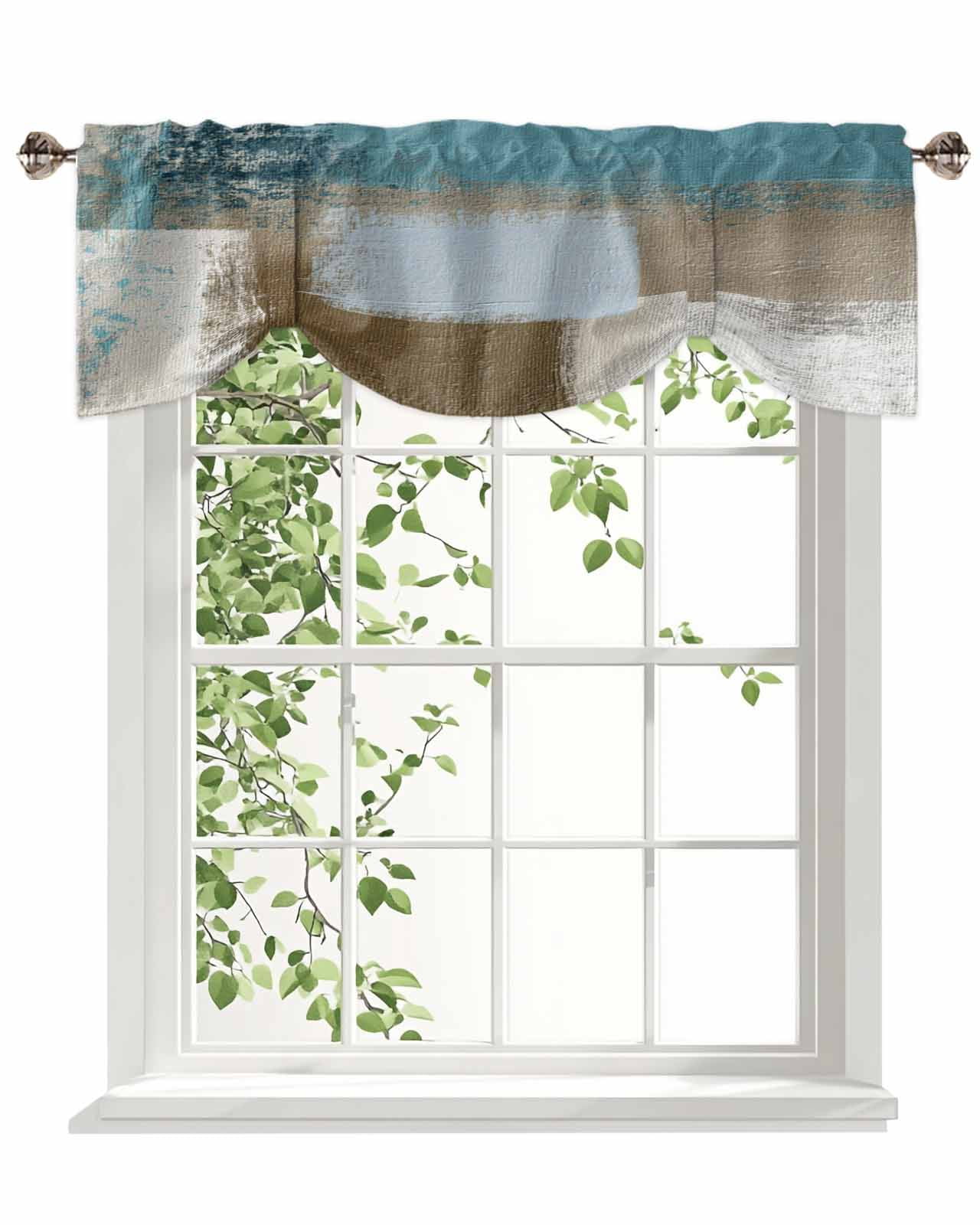 Abstract Mottled Tie Up Valances Curtain, Adjustable Kitchen Teal Brown Vintage Oil Painting Texture Valances for Windows Decor, Rod Pocket Short Curtains Set for Bedroom/Bathroom, 60"x18"
