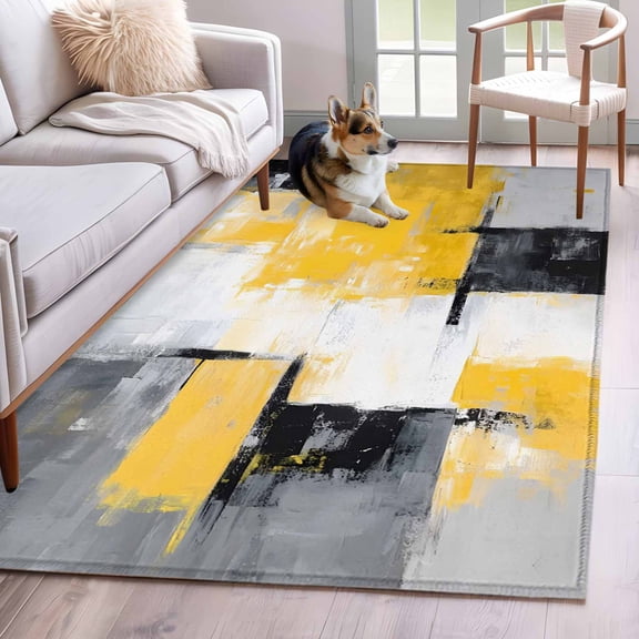 Abstract Mottled Washable Area Rug 3x5 111 Retro Yellow Gary Stitching Low-Profile Large Area Rugs with Non Slip Backing Indoor Floor Carpet for Entrance Living Room Bedroom Home Office