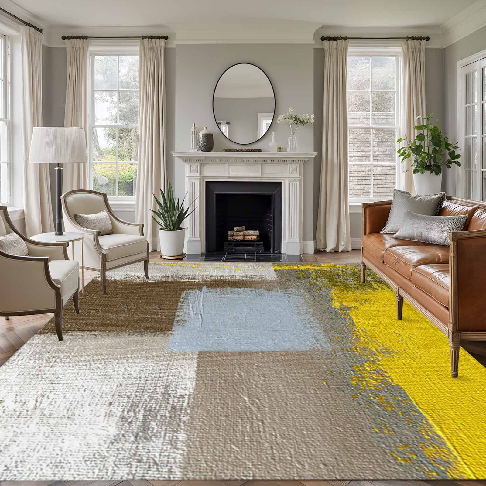 Muttled Rug Abstract Mottled Washable Living Room Rugs 8'x10', Yellow Brown Vintage ...