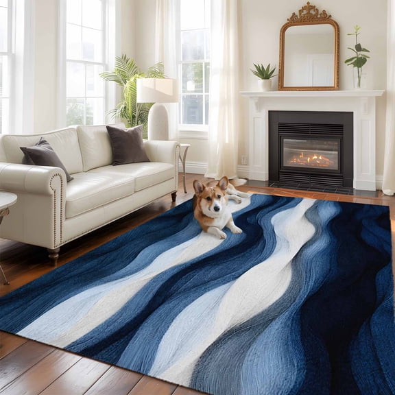 Abstract Mountain 5x7 Area Rugs for Living Room, Watercolor White Navy Texture Nature Non Slip Floor Mat Washable Low-Profile Indoor Carpet for Bedroom, Dining Room, Bathroom