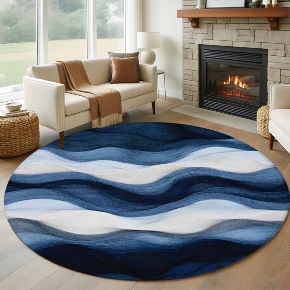 Abstract Mountain 8FT Round Area Rugs for Living Room Watercolor White Navy Texture Nature Ultra-Thin Non-Slip Round Rugs Machine Washable Low Pile Circle Carpet for Bedroom Kitchen Nursery