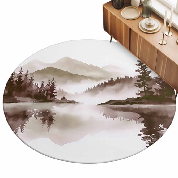Abstract Mountain Area Rugs 5' (Round) Fog Brown Lake Landscape Painting Floor Rug Non Slip Low Pile Ultra Soft Throw Carpet for Entryway Indoor Entrance Kitchen Bathroom