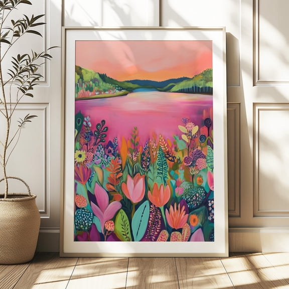 Abstract Mountain Artwork, Colorful Wall Art, Patchwork Illustration, Living Room Print, Floral Scenery Art, Wall Art Home Decor UNFRAMED Poster, Wall Art for Decor, Present, 8x12
