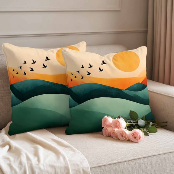 Abstract Mountain Birds Sunset Waterproof Throw Pillow Covers Set of 2 Retro Scenery Artwork Outdoor Cushion Cover Pillow Protector Decorative Pillowcases for Bed Sofa Couch