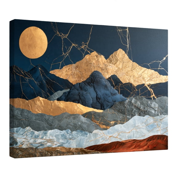 Abstract Mountain Canvas Wall Art, Navy Blue Gold Moon Marble Inspired Landscape Artwork, Modern Boho Geometric Contemporary Nature Wall Decor for Living Room Bedroom Office, 10x8 Inch