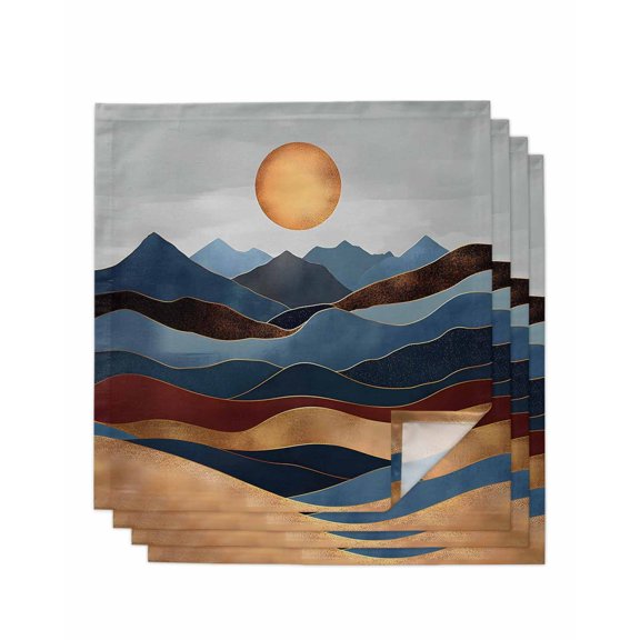 Abstract Mountain Cloth Napkins Set of 4 Reusable Dinner Napkins, Modern Geometric Sun Ocean Waves Cocktail Napkin Washable Table Napkins for Wedding/Holiday Party/Baby Shower 20"x20"