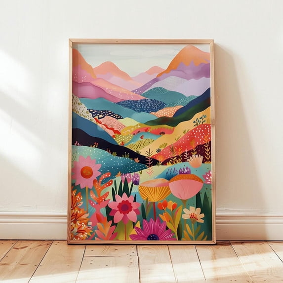 Abstract Mountain Floral Art Print, Colorful Patchwork Scenery, Stretched Canvas 16x20in