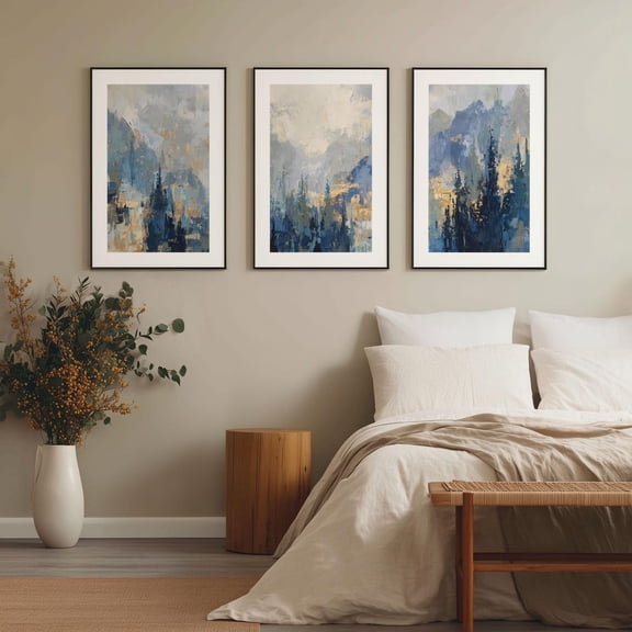 Abstract Mountain Forest Prints Blue and Gold Tryptich Set Poster Set 3