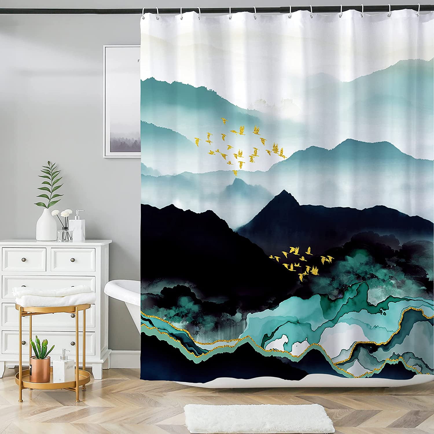 Abstract Mountain Forest Shower Curtain Nature Scenery Mid Century