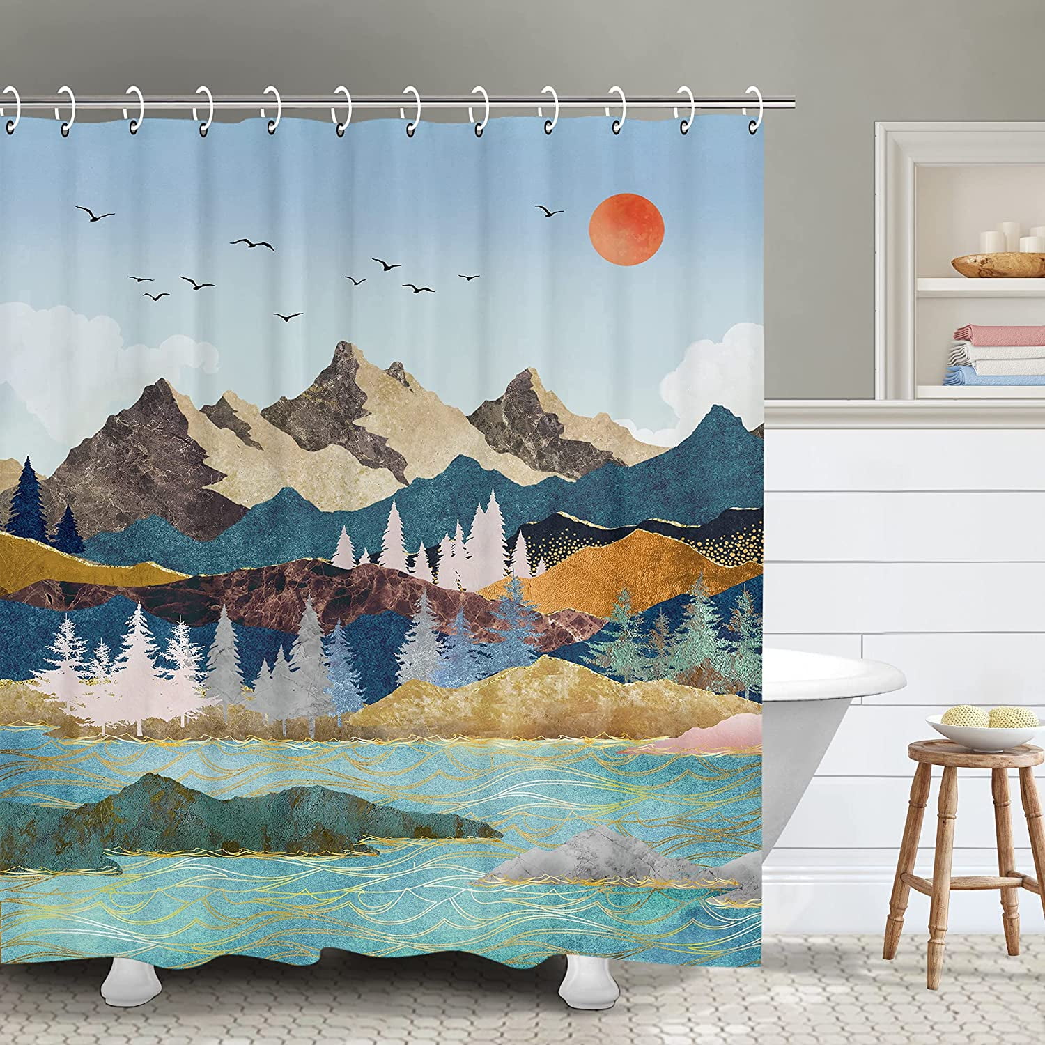Abstract Mountain Forest Shower Curtain Nature Scenery Mid Century