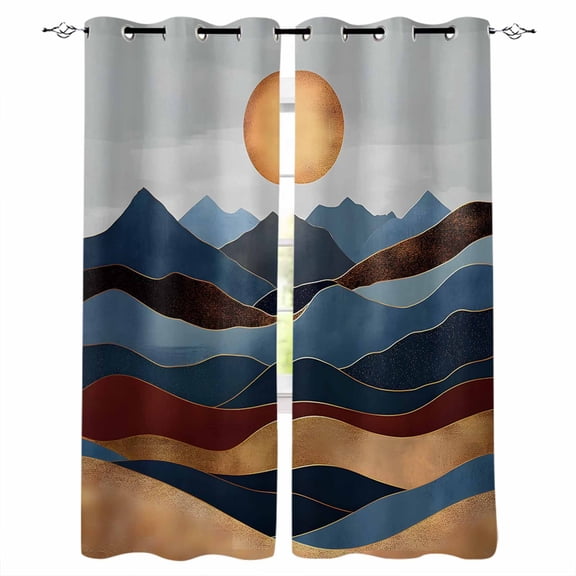 Abstract Mountain Kitchen Curtains Modern Geometric Sun Ocean Waves Cafe Short Curtains for Bathroom Blackout Window Curtain Grommet Small Window Treatment Drapes for Bedroom Living Room 27.5"x39"x2