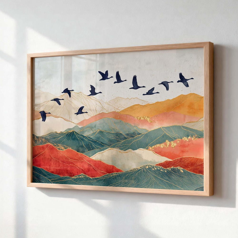 Abstract Mountain Landscape Flying Birds Teal Terracotta Poster ...