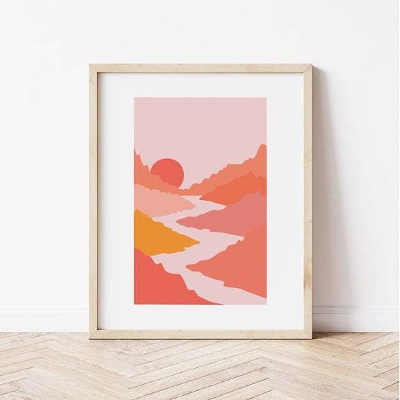 Abstract Mountain Landscape Poster Modern Boho Desert Sun Art, Unframed Size 8x12