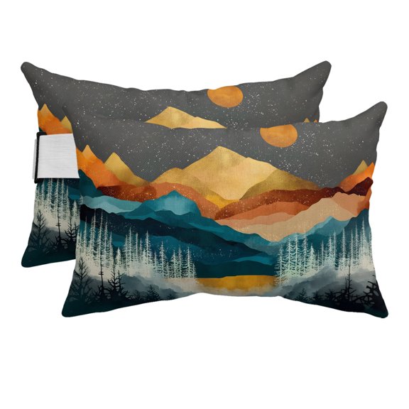 Abstract Mountain Outdoor Pillows for Chaise Lounge Chair Beach Headrest Pillow Set of 2 Waterproof Lumbar Pillows with Insert&Strap Boho Sun Orange Turquoise Hills Forest Retro Pool Pillow 11"x16"
