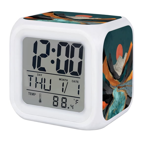 Abstract Mountain Peaks Digital Alarm Clock for Bedrooms,Smart LED Alarm Clock with 7 Color Changing Night Light,Boho Red Sun Turquoise River Retro Art Silent Wake Up Clocks for Sleep Study 3.2"x3.2"