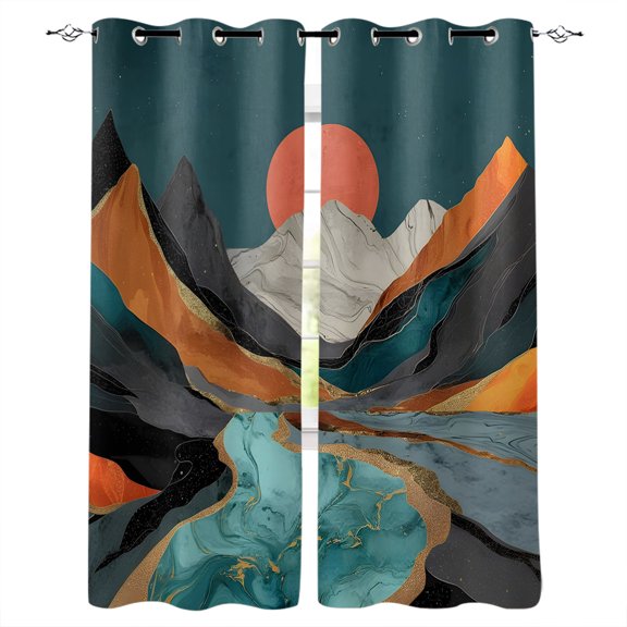 Abstract Mountain Peaks Kitchen Curtains Boho Red Sun Turquoise River Retro Art Cafe Short Curtains for Bathroom Blackout Window Curtain Small Window Tier Drapes for Bedroom Living Room 27.5"x39"x2