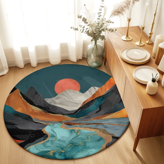 Abstract Mountain Peaks Round Area Rug 4 FT,Non Slip Indoor Outdoor Rug,Boho Red Sun Turquoise River Retro Art Washable Soft Circular Carpet Floor Mat for Coffee Table Nursery Foyer Balcony