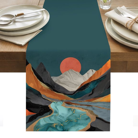 Abstract Mountain Peaks Table Runner Boho Red Sun Turquoise River Retro Art Tablerunners 13 x 36 Inch, Table Decorations Tabletop Scarf for Summer Gathering Holiday Farmhouse Kitchen Dining Decor