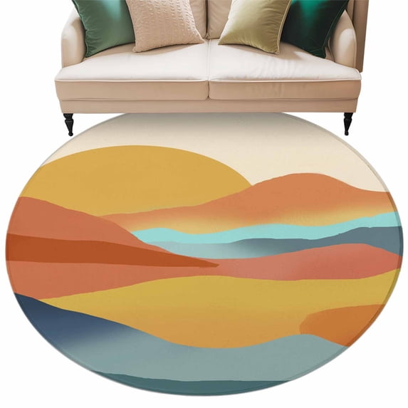 Abstract Mountain Round Rug 7ft Washable Circle Rugs Non Slip Boho Modern Minimalist Landscape Large Area Rug Indoor Floor Carpet for Bedroom Kitchen Living Room Home Office Dining Room Nursery