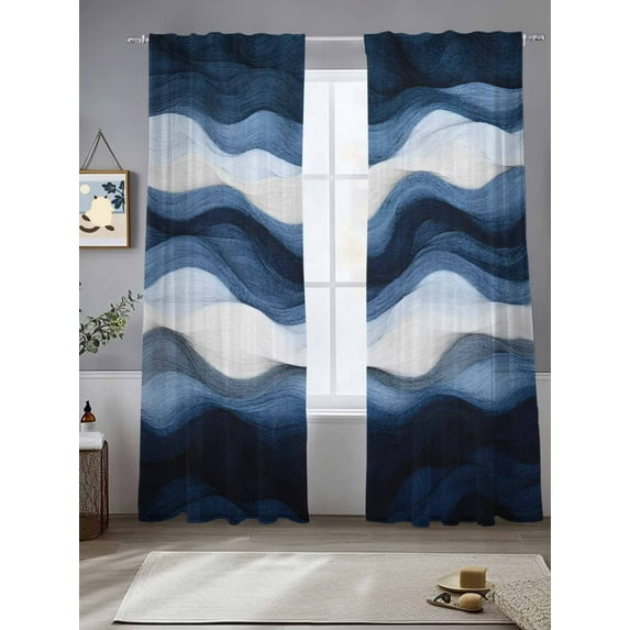 Abstract Mountain Sheer Curtains 108 Inches Long 2 Panels Watercolor White Navy Texture Nature Light Filtering Semi Sheer Window Curtains Drapes for Bedroom Living Room 52"x108"