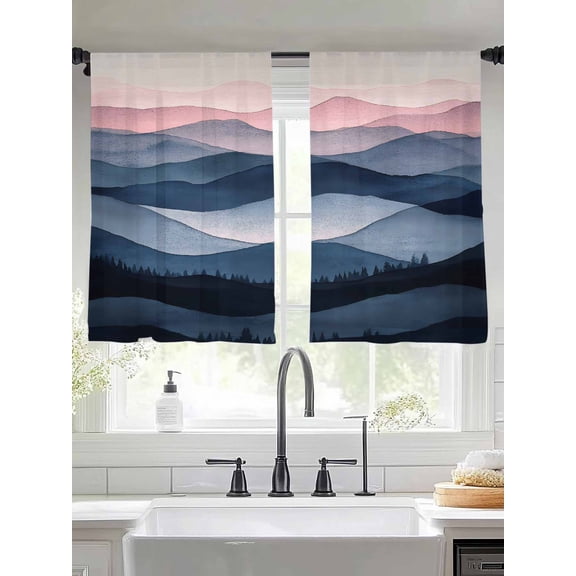 Abstract Mountain Sheer Curtains 45 Inches Long 2 Panels Watercolor Sunset Forest Impressionist Light Filtering Semi Sheer Window Curtains Drapes for Bedroom Living Room 52"x45"
