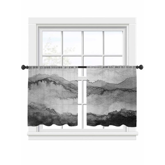 Abstract Mountain Sheer Curtains for Living Room Bedroom, Light-filtering Sheer Curtain, Black Watercolor Gradient Peak Light-Rod Pocket Voile Window Treatment Drapes, 52’’Wx45’’L, 2 Panels Set
