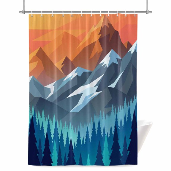 Abstract Mountain Shower Curtain, 48" x 72", Blue Navy Forest Tree Sunset Modern Waterproof Bathroom Curtain Washable Shower Curtain Set with 12 Hooks