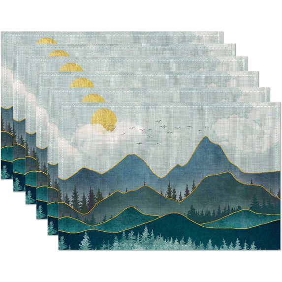 Abstract Mountain Sun Placemats, 12 x 18 inch, Linen Table Runner Kitchen Dining Room Decor Holiday Decor Rustic Vintage Waterproof Washable Table Runner Set of 6