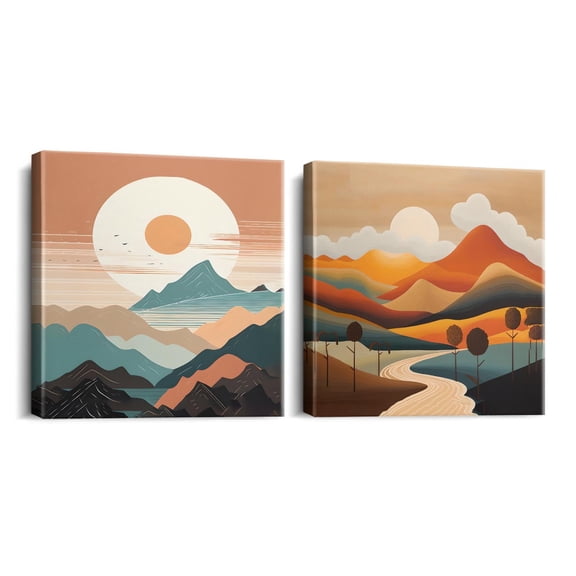 Abstract Mountain Sun Wall Pictures Modern Bathroom Decor for Office Bedroom Kitchen Dining Room 12x12 Inch 2PCS
