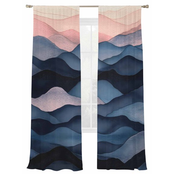 Abstract Mountain Sunset Sheer Curtains for Living Room Bedroom, Light-filtering Sheer Curtain, Watercolor Impressionist Style Rod Pocket Voile Window Treatment Drapes, 52’’Wx84’’L, 2 Panels Set