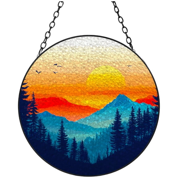 Abstract Mountain Sunset Tree Scene Stained Glass Suncatcher Handmade Window Hanging Colored Glass Suncatcher Crafts Kits for Indoor Garden Decor Memorial Gift 16x16cm