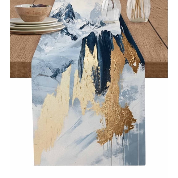 Abstract Mountain Table Runner-Cotton Linen- 90 Inch Holiday Dresser Scarves, Blue Gold Gradient Grey Sky Landscape Tablerunner for Kitchen Coffee/Dining Bedroom Living Room Dinner Scarf Décor 13x90