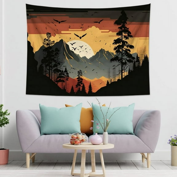 Abstract Mountain Tapestry, Sunset Wall Hanging, Forest Trees Tapestry, Boho Tapestry, Extra Large Art, Nature Landscape Living Room Bedroom