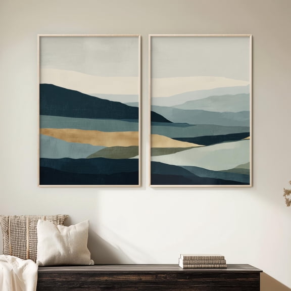 Abstract Mountain Wall Art Navy Blue and Gold Landscape Diptych Prints Set 2