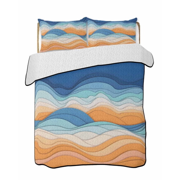 Abstract Mountains Quilts Bedding Set Full Size Orange Blue Gradient Color Blocks Modern Lightweight Quilted Bedspread 3 Piece Bed Quilt with 2 Pillow Shams All Season for Bedroom 68" x 98"