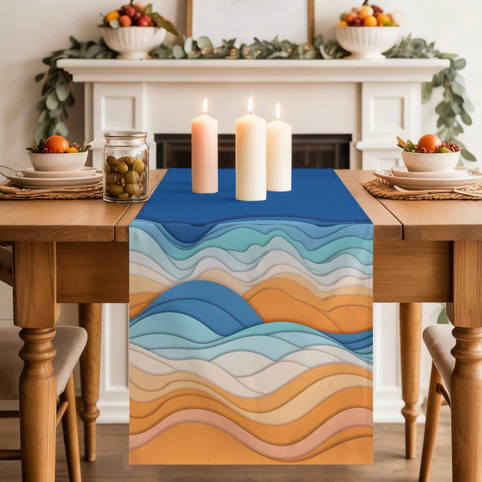 Abstract Mountains Table Runner, Orange Blue Gradient Color Blocks ...