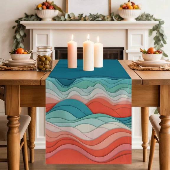 Abstract Mountains Table Runner, Red Green Gradient Color Blocks Modern Cotton Linen Kitchen Table Decoration Washable Dining Tabletop Runners for Home Party Decor 13x36 Inches