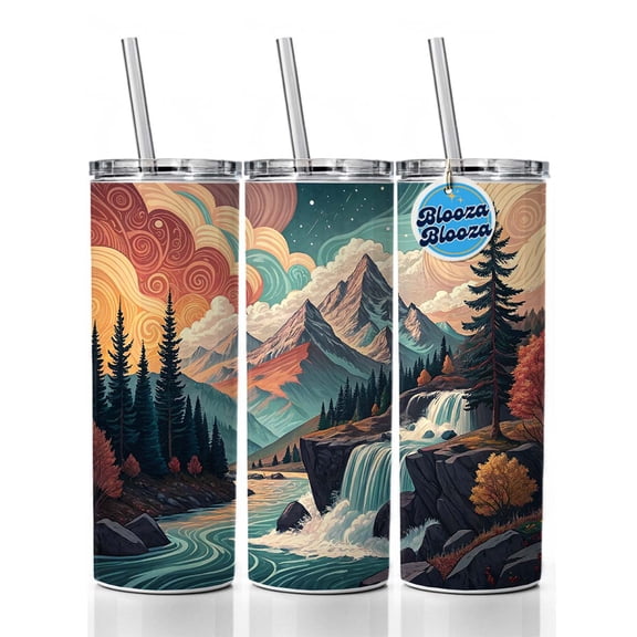 Abstract Mountains Waterfalls Landscape 20oz Insulated Water Bottle Skinny Tumbler Includes Straw